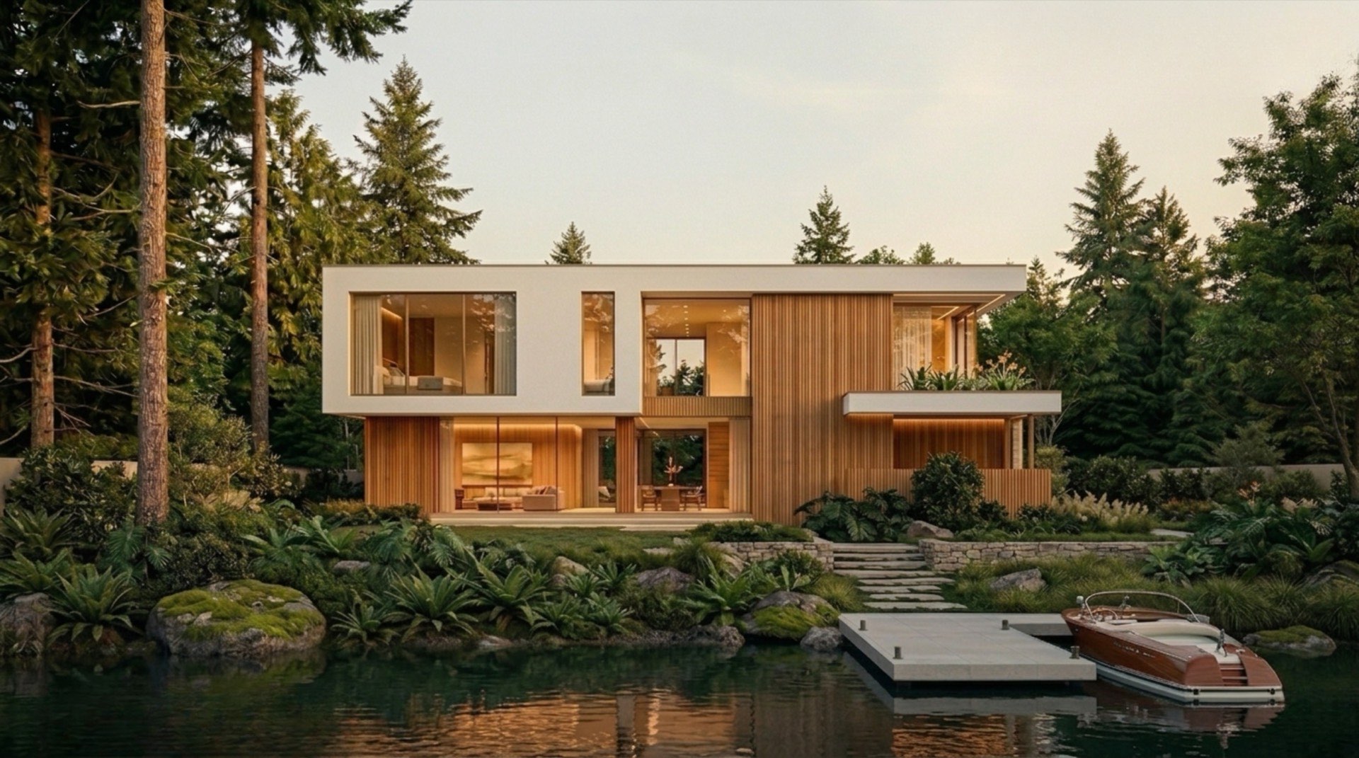 A contemporary custom home in a Pacific Northwest meadow at golden hour. Custom home building by Everlux.