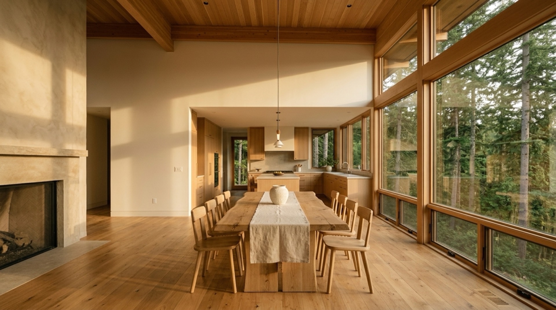 A custom home dining space — long oak table, forest light, considered architecture. Design + Build by Everlux.