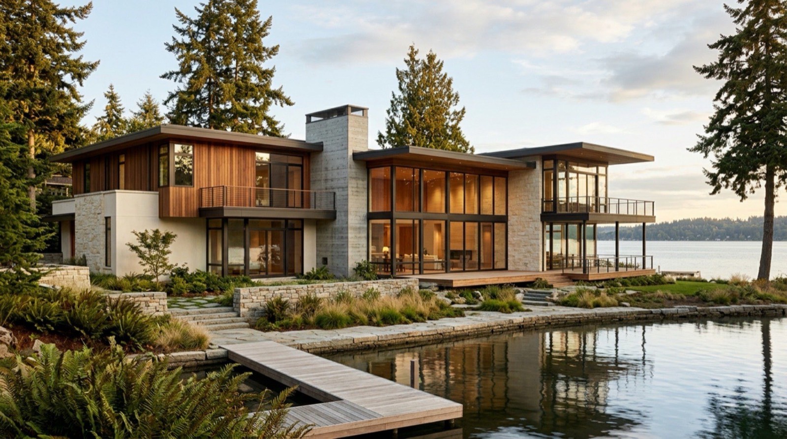 A contemporary waterfront custom home in the Pacific Northwest — substantial residential construction by Everlux.
