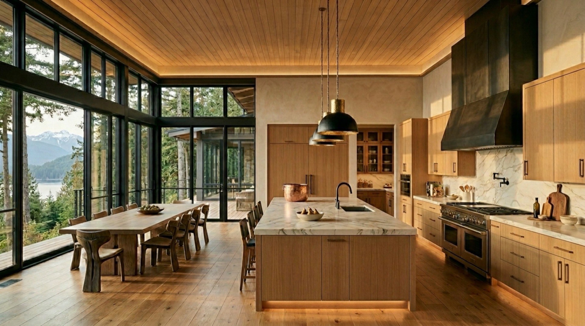 A remodeled kitchen with forest view — clean lines, natural materials, considered light. Home remodeling by Everlux.