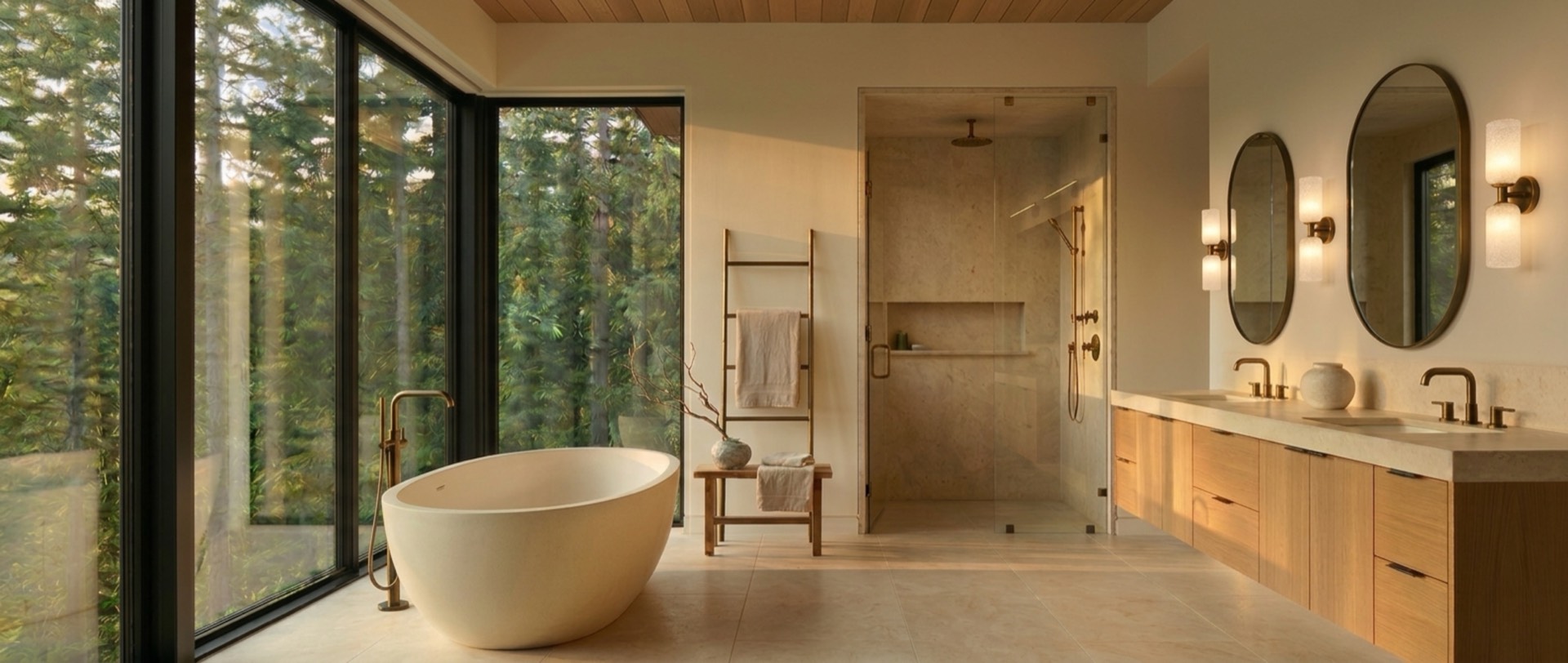 A luxurious primary bathroom — freestanding stone tub, white oak vanity, brass fixtures, forest view. Interior design by Everlux.